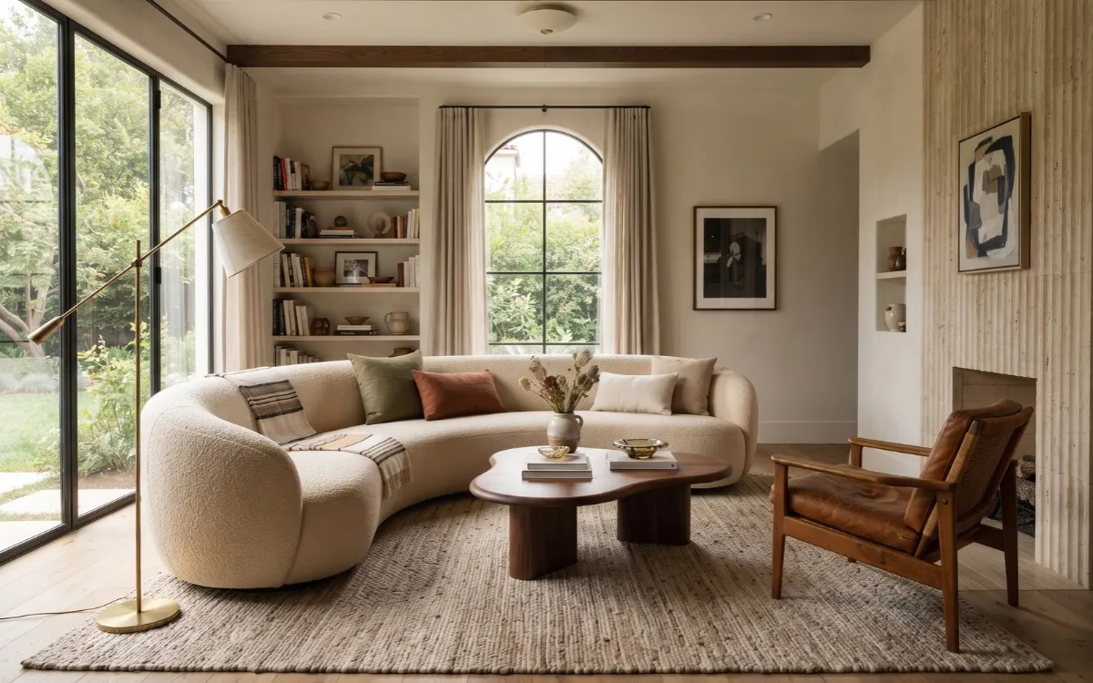 Warm modern living room combining natural materials, layered color, comfortable furniture, expressive lighting, and vintage accents