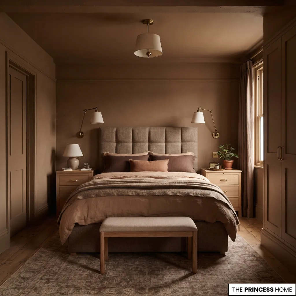 Bedroom with walls, trim, and architectural elements unified in one warm earthy color.