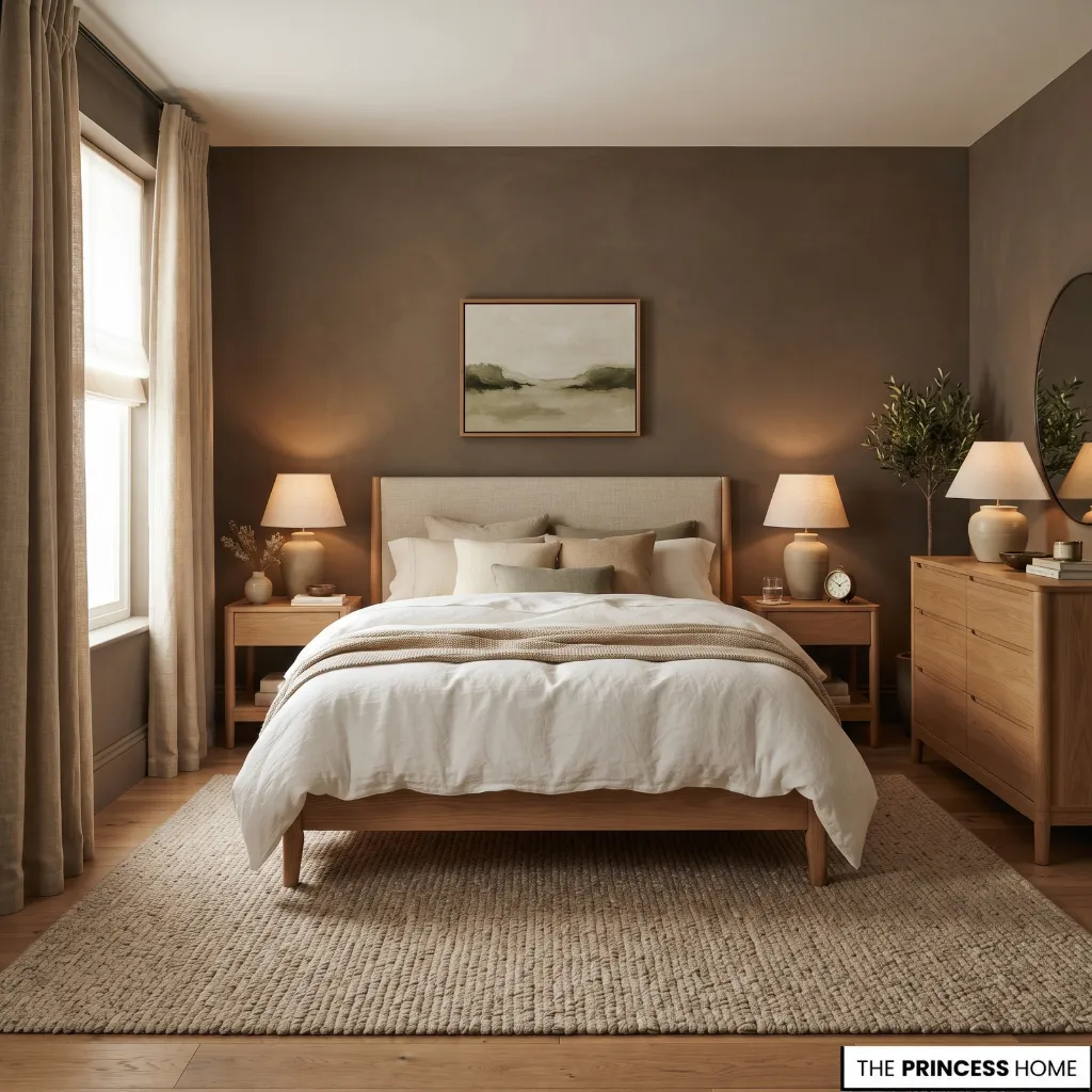 Bedroom using warm brown and earthy neutral colors with natural wood and soft textiles.