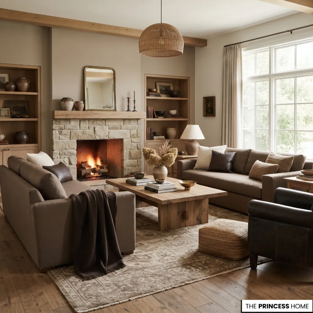 Warm neutral living room with brown, taupe, cream, wood, stone, and leather materials