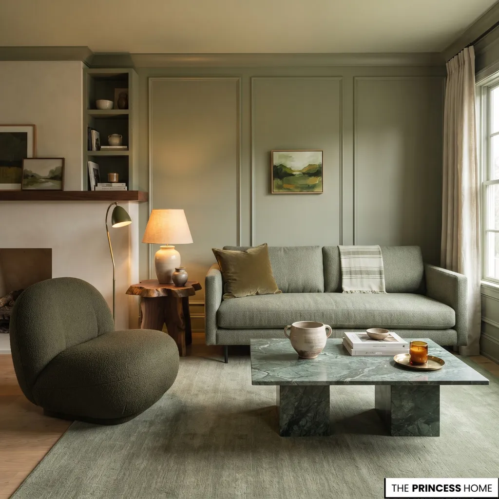 Living room using related green tones across walls, furniture, and textiles