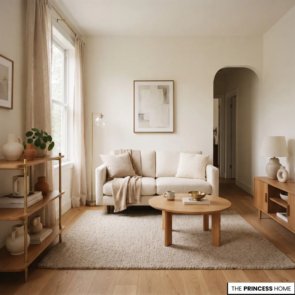 Small apartment living room with warm off-white walls, wood furniture, cream upholstery, and brass accents