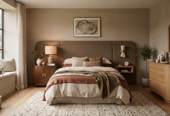 Warm, layered bedroom with natural wood, tactile textiles, a substantial headboard, and personalized styling.