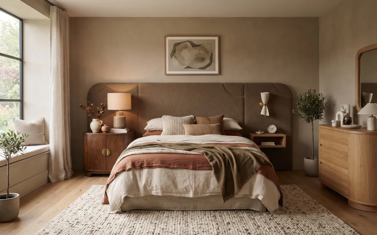 Warm, layered bedroom with natural wood, tactile textiles, a substantial headboard, and personalized styling.