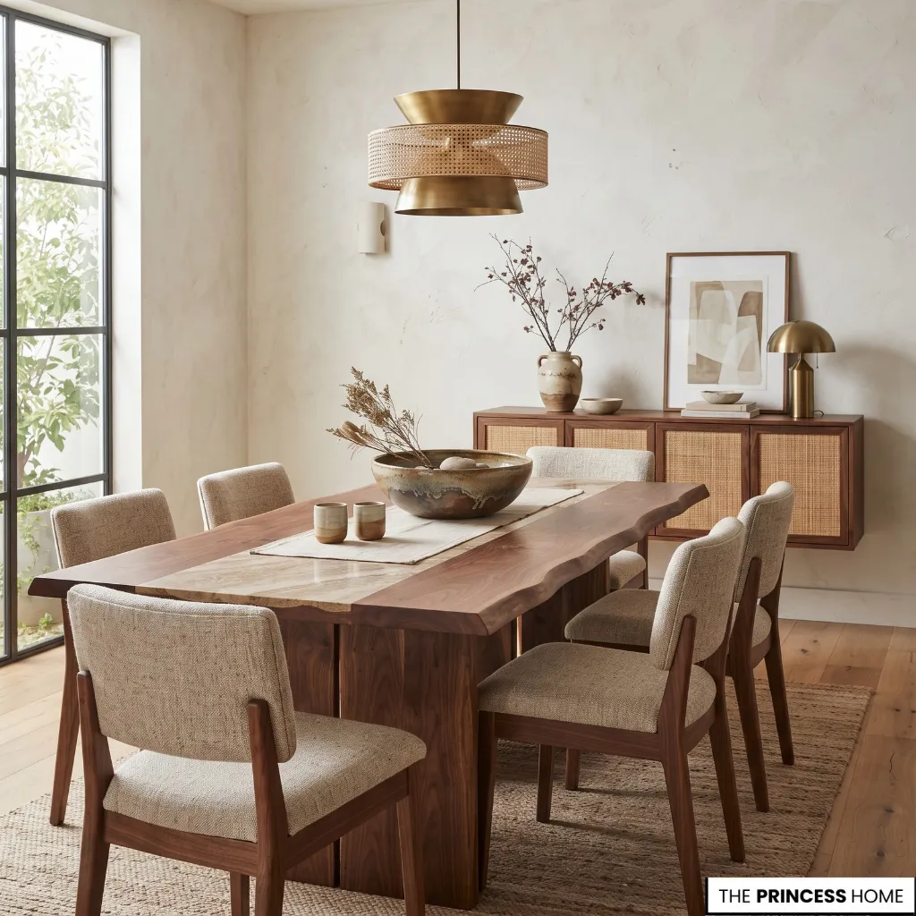 Modern room combining natural wood, stone, linen, ceramics, and textured surfaces