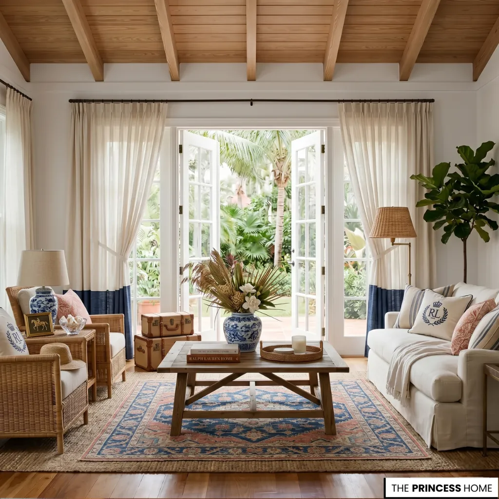 Coastal living room with Ralph Lauren decor and wooden ceiling.