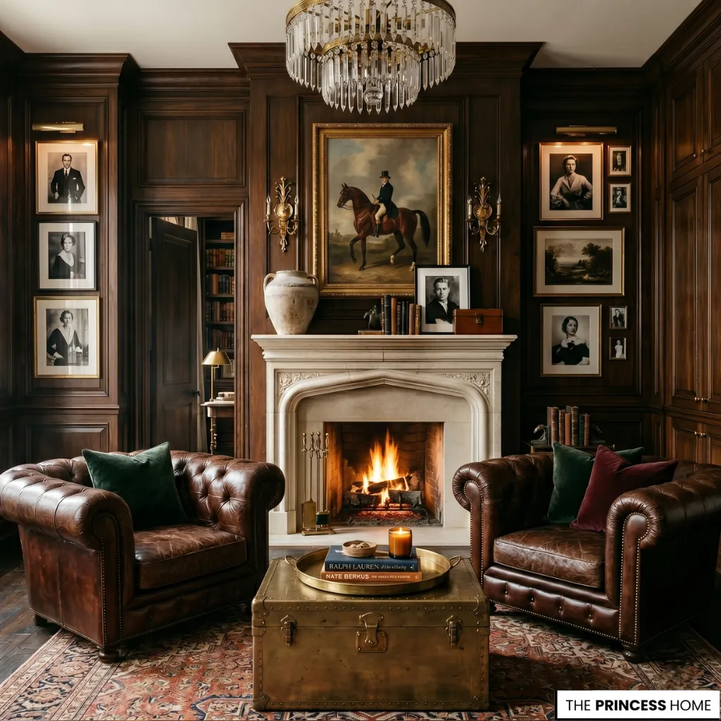 Ralph Lauren living room with brown leather chesterfield armchairs, dark wood paneling, and a stone fireplace.