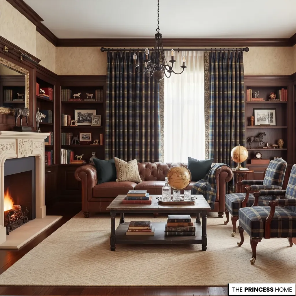 Classic living room featuring leather sofa, mahogany wood, and heritage tartan fabrics under warm lighting.