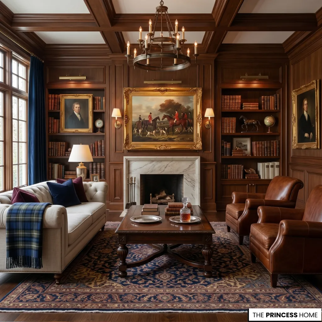 Luxury heritage living room with mahogany wood panels, navy textured walls, and cream linen sofas under warm lighting.