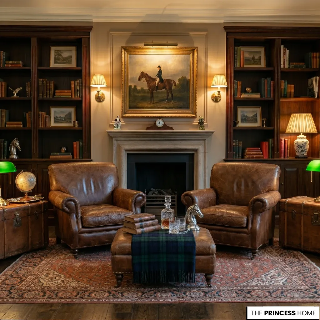 Ralph Lauren library featuring two brown leather armchairs, an equestrian painting over the fireplace, and dark wood bookshelves.