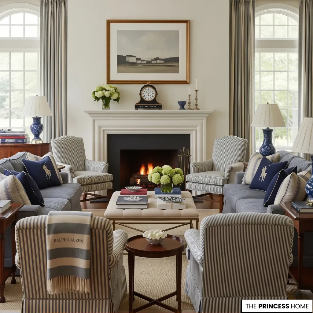 Bright minimalist living room with grey striped sofas, a central tufted ottoman, and a clean white fireplace.