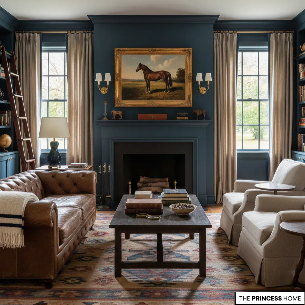 Modern organic living room with navy walls and a white sofa. Warm lighting and sand rugs create psychological tranquility and timeless elegance.