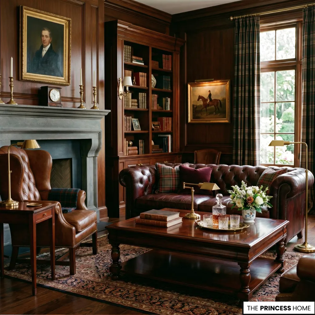 Dimly lit heritage living room with dark wood paneling, a tufted leather sofa, and a classic stone fireplace.