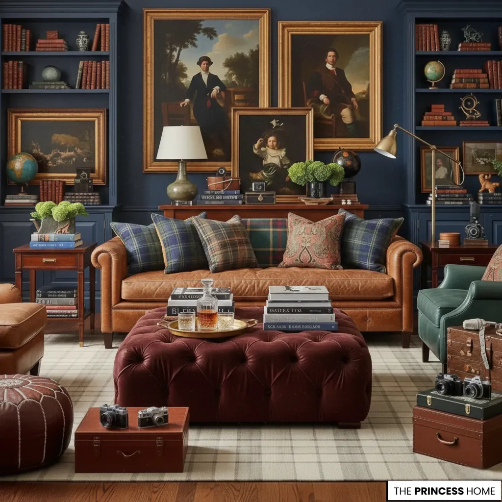 Ralph Lauren living room with navy bookshelves, a tan leather sofa, plaid pillows, and a burgundy tufted ottoman.