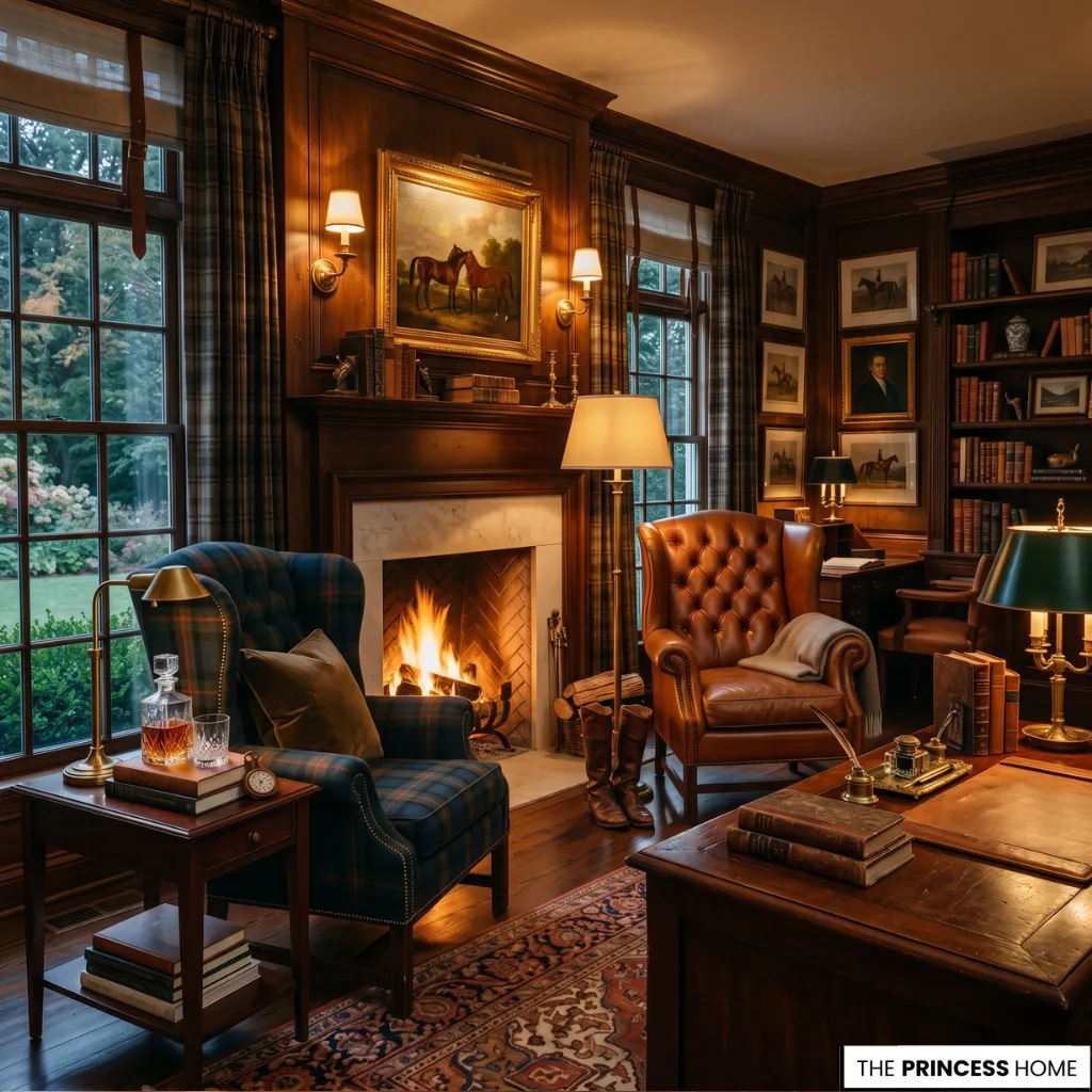 A Ralph Lauren style mahogany bookcase with leather details and heritage reading lighting.
