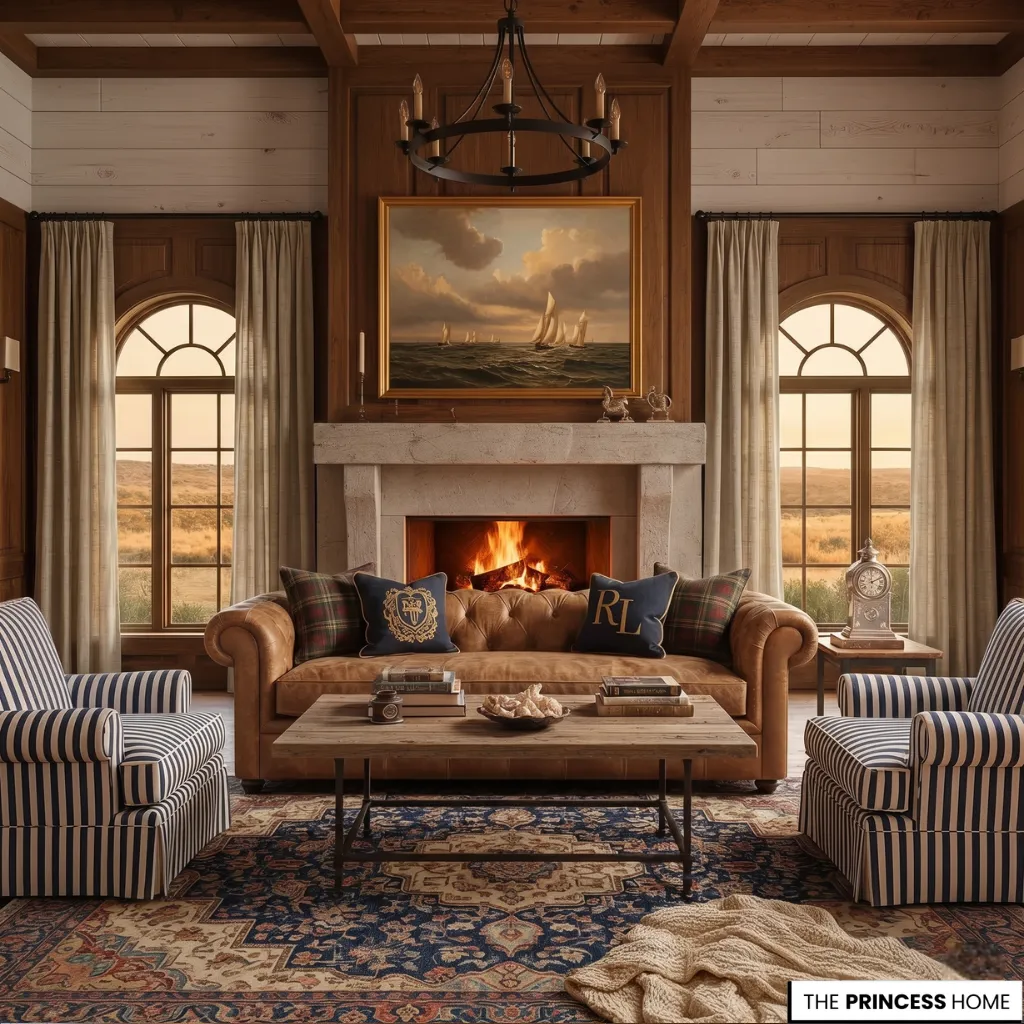 A luxury living room with leather chairs, wood textures, and warm lighting reflecting American heritage design.