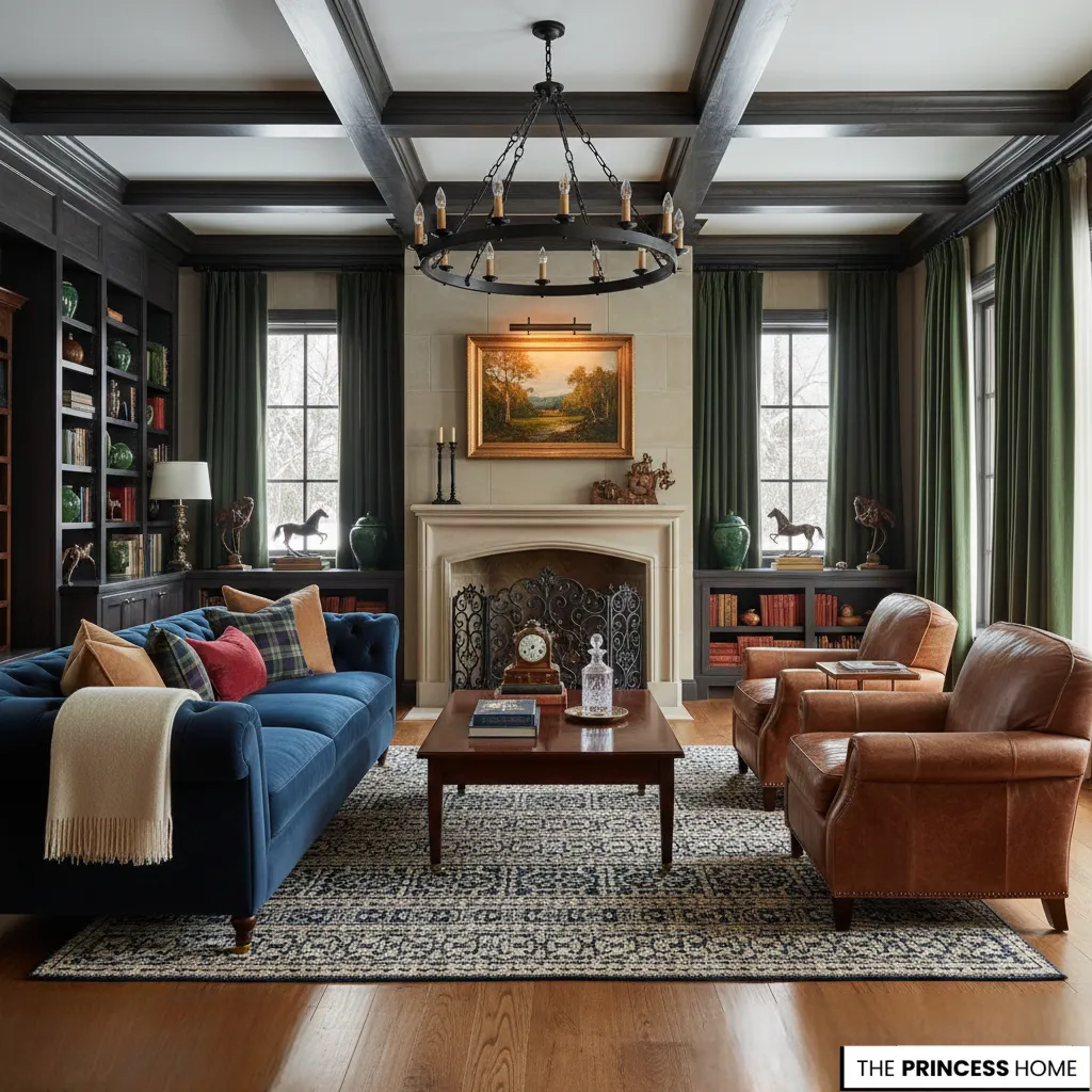 A heritage living room in the style of Ralph Lauren combines warm wood and luxurious leather with soft lighting that reflects the concept of timeless luxury.