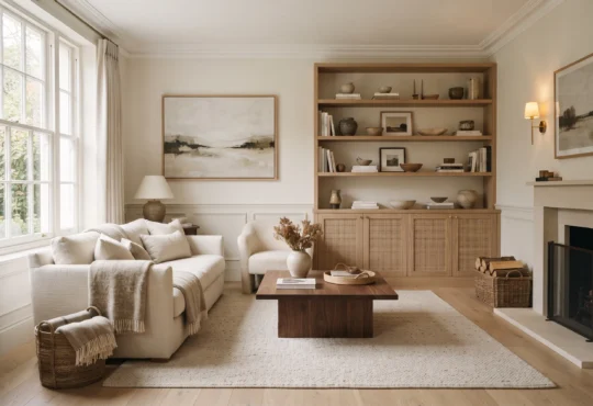 Calm organized living room with practical storage, natural materials, and uncluttered surfaces