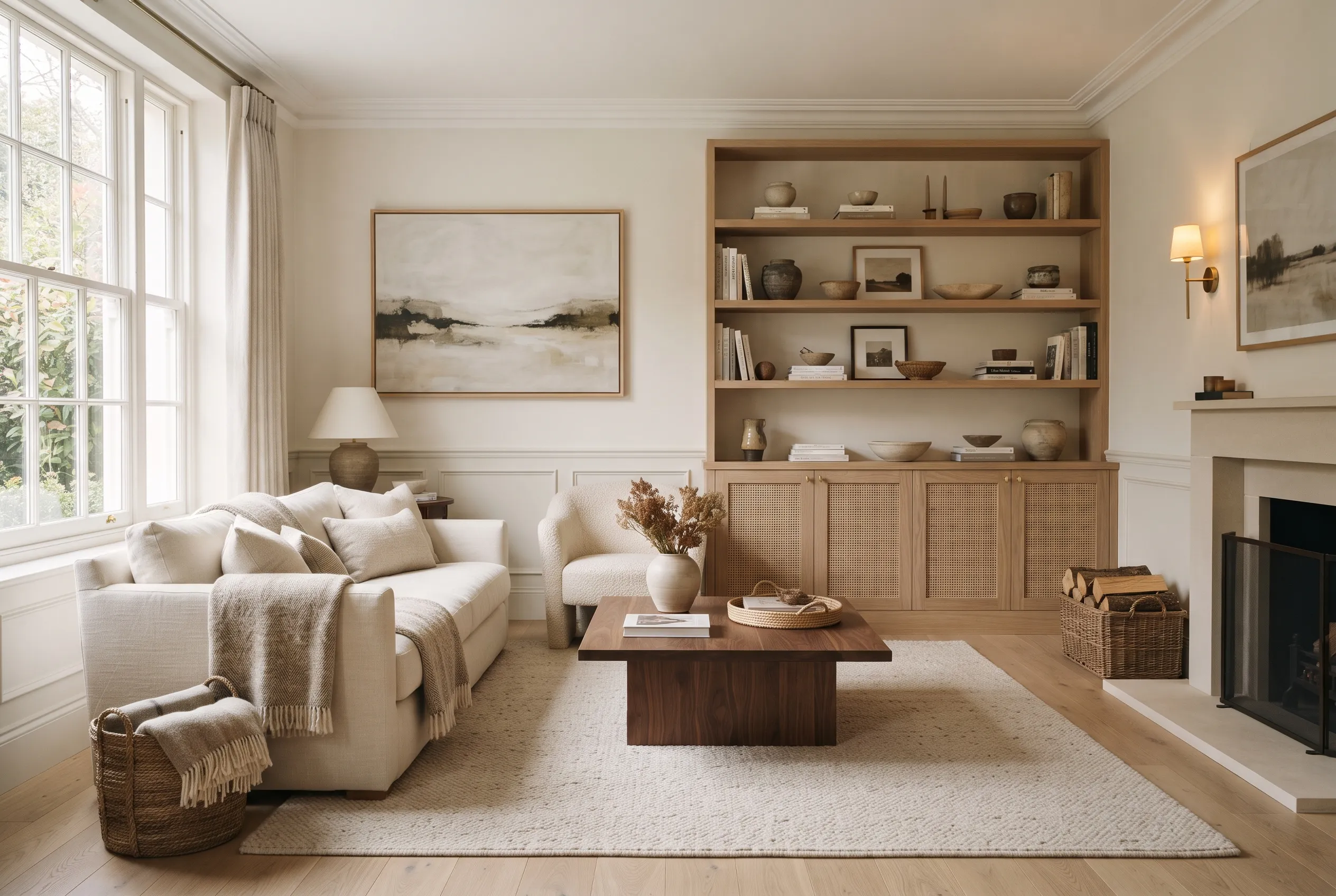 Calm organized living room with practical storage, natural materials, and uncluttered surfaces