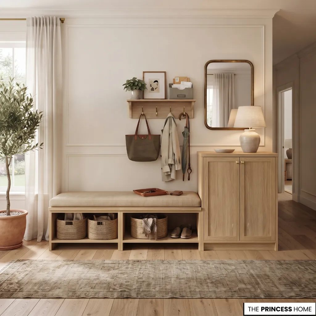Entryway designed to make everyday organization convenient with accessible storage for shoes bags and keys