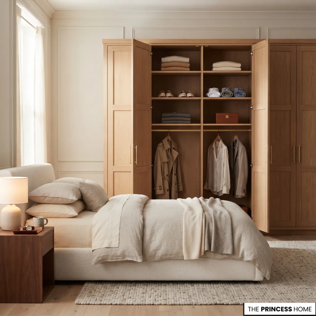 Decluttered room with limited possessions and practical storage space left available