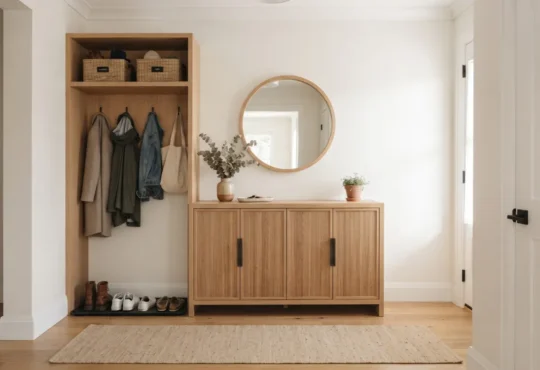 Organized home entryway with practical storage, grouped everyday belongings, and a clear walking path.
