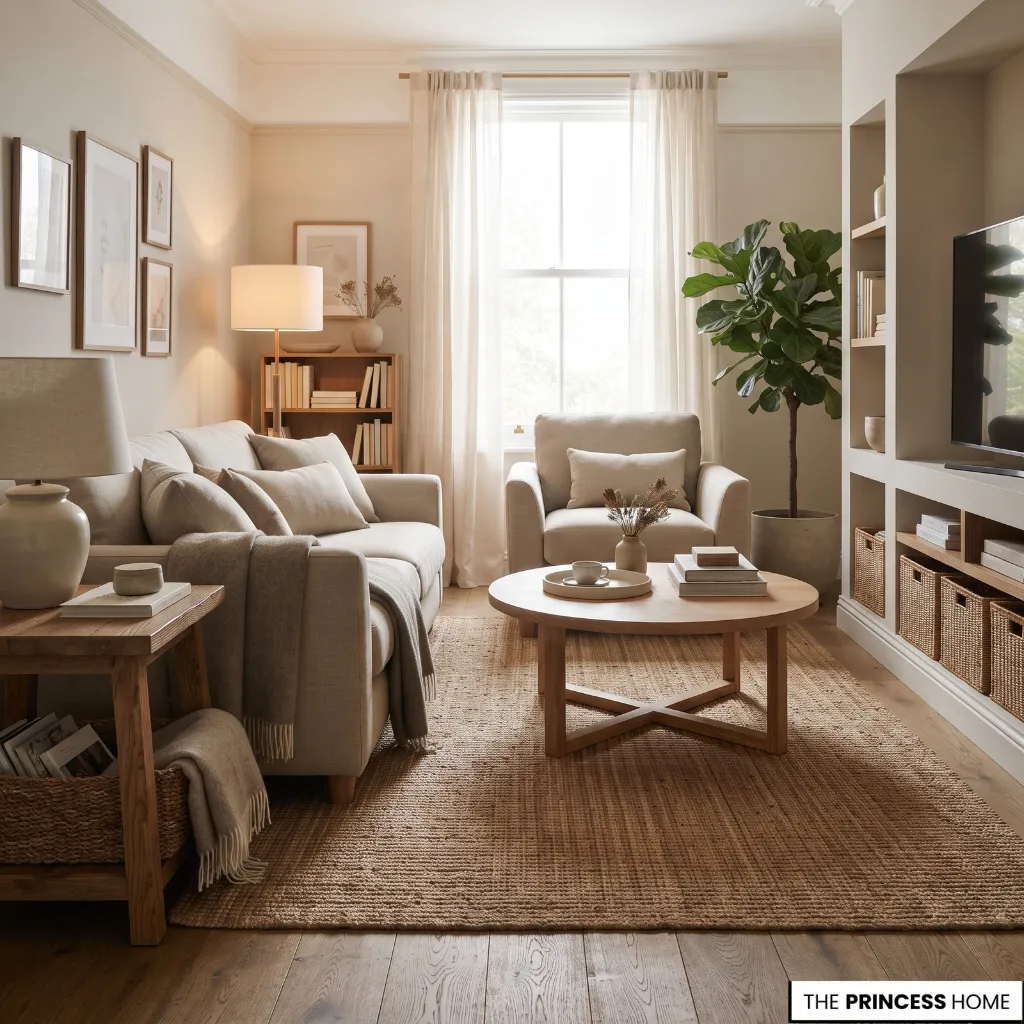 Living room with simple accessible storage that supports easy daily resetting