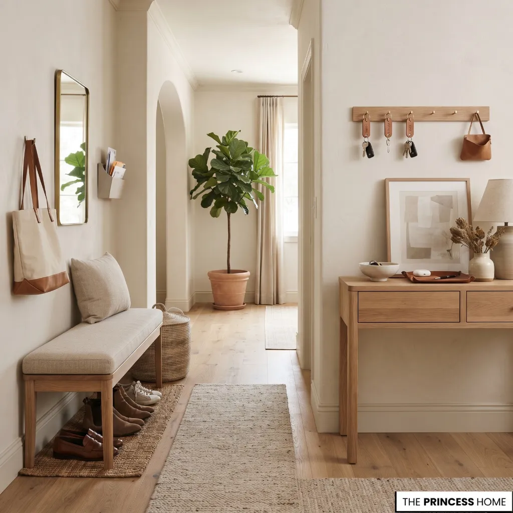 Entryway with defined storage locations for keys bags shoes and everyday belongings