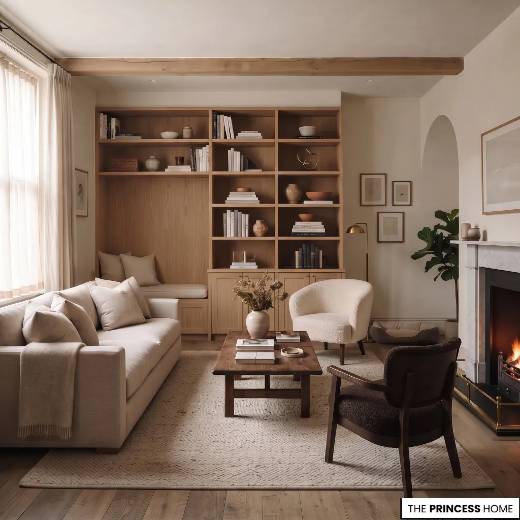 Calm organized living room with practical storage and easy everyday access