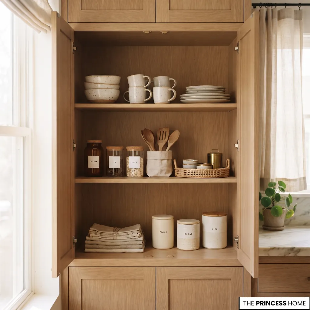 Organized cabinet with visible space and accessible contents rather than overfilled storage