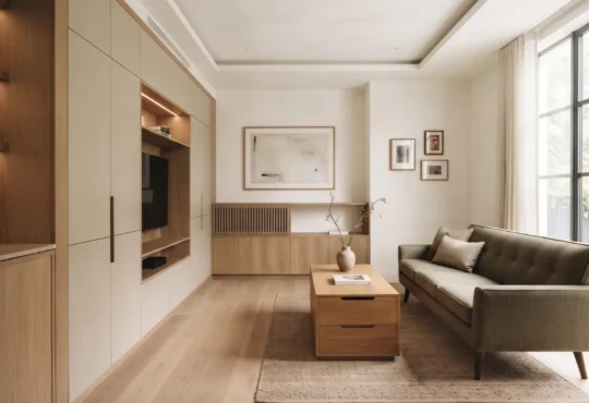 Compact contemporary home with integrated cabinets and multifunctional furniture providing concealed storage.