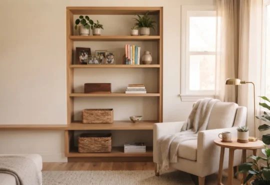 A neatly organized home shelf with selected family photographs, books, and a wooden keepsake box.