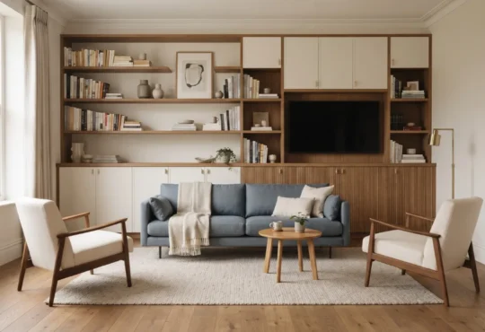 Organized living room with accessible shelving, storage baskets, and clear floor space.