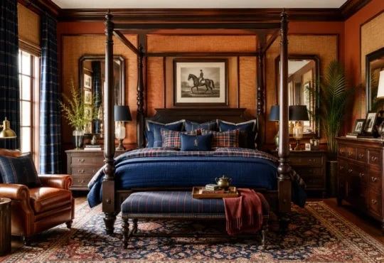 Classic bedroom with a dark wood four-poster bed, navy plaid bedding, and equestrian decor.