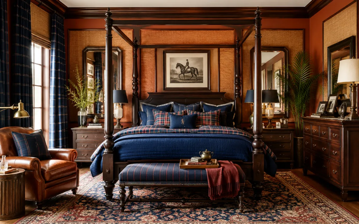 Classic bedroom with a dark wood four-poster bed, navy plaid bedding, and equestrian decor.