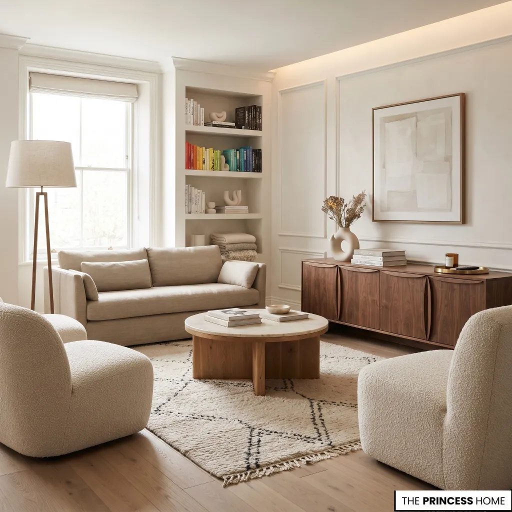 A bright and modern living room features a beige sofa, two textured armchairs, a round wooden coffee table