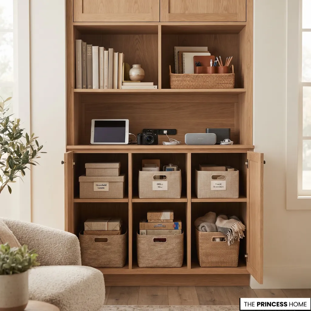 Open storage showing clearly grouped household items by function