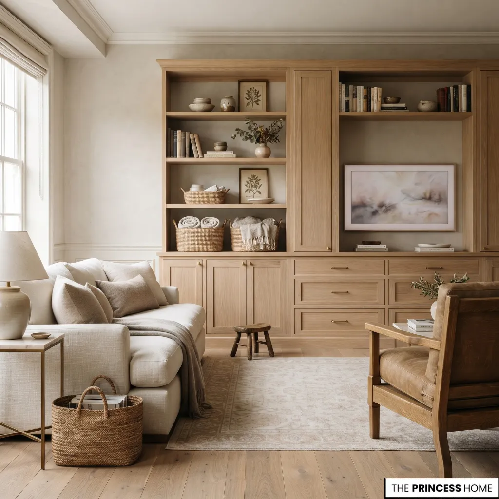 Living room combining drawers cabinets shelves and baskets for practical storage
