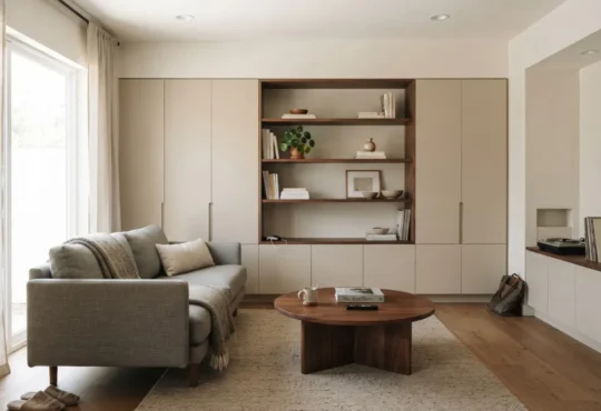 Organized contemporary living space with closed storage, open shelving, and clear surfaces.