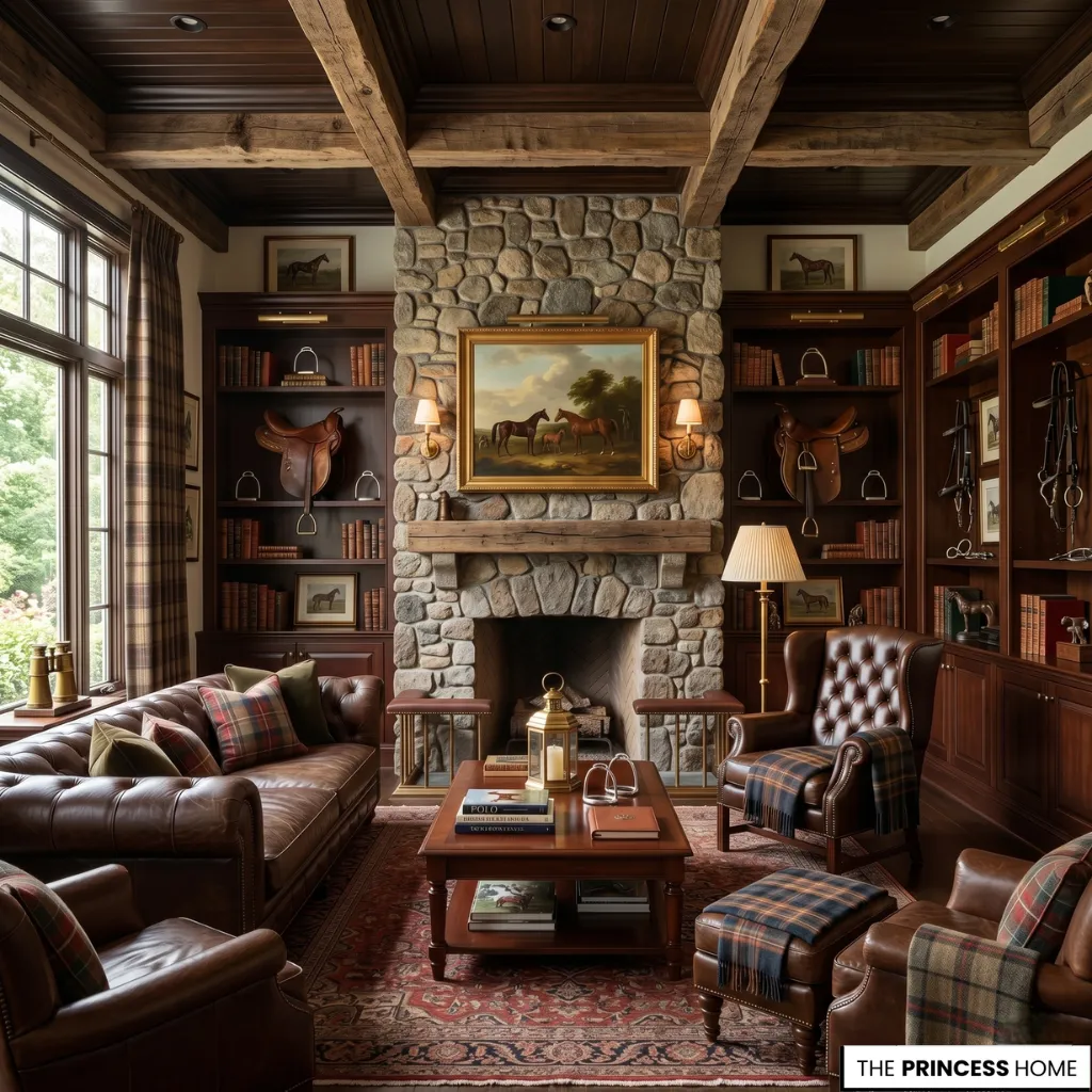 A Ralph Lauren home decor Americana interior with rustic wood, leather, and warm heritage lighting.