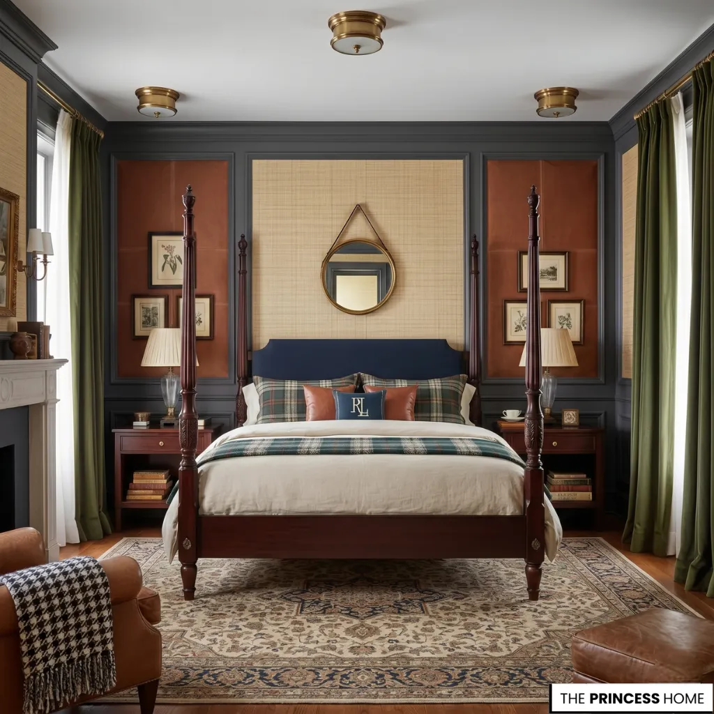 A Ralph Lauren bedroom interior atmosphere with dark wood, layered textiles, and warm natural lighting in a luxury heritage style room