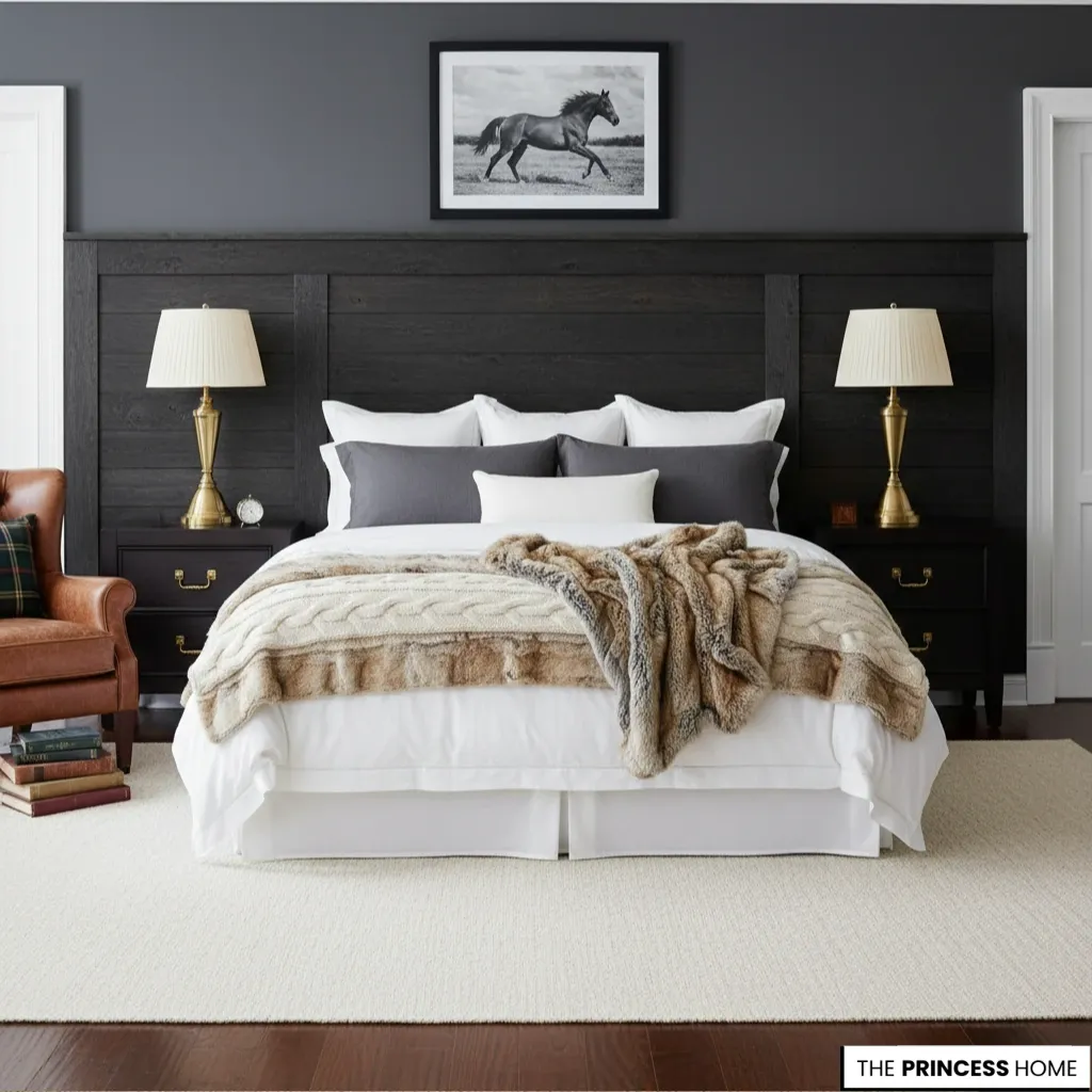 Ralph Lauren bedroom with black wood panel headboard, brass lamps, leather armchair, and horse artwork.