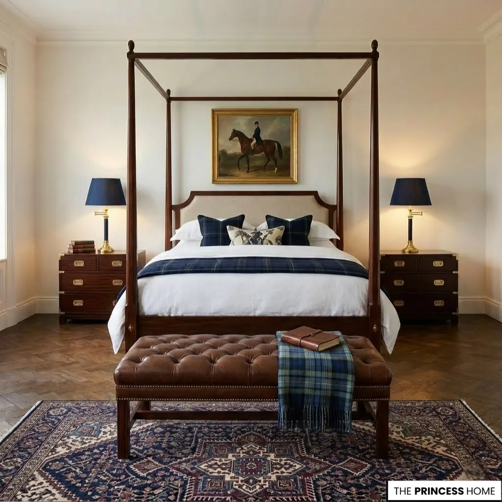 Ralph Lauren bedroom with a canopy bed, brown tufted leather bench, plaid blanket, and an equestrian painting.