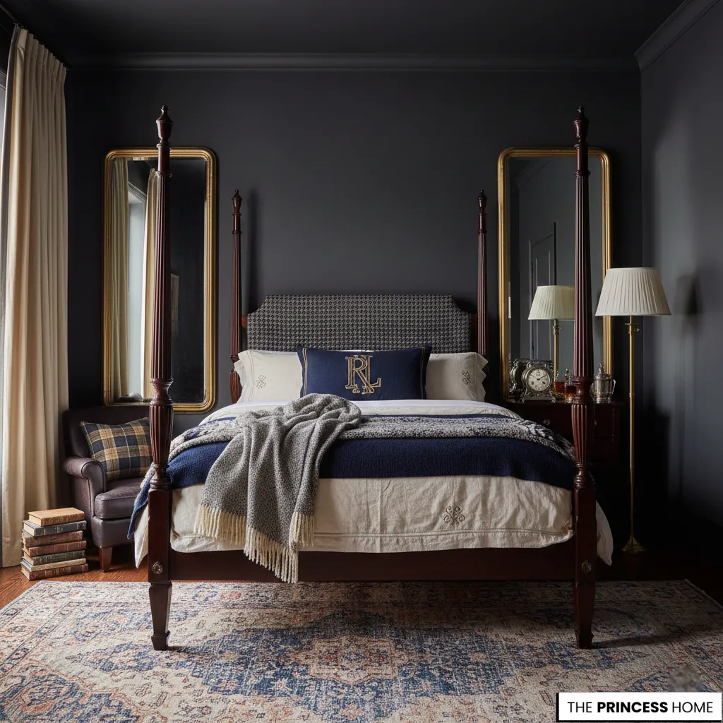 : Ralph Lauren bedroom with charcoal walls, a four-poster bed, monogrammed RL pillow, and gold floor mirrors.