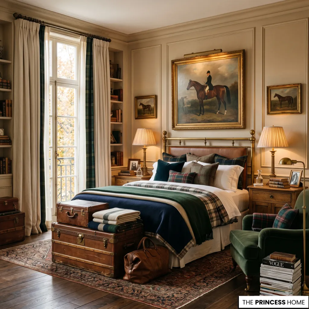 A Ralph Lauren bedroom with vintage furniture, brass lighting, and collected elegance in a warm heritage-inspired interior