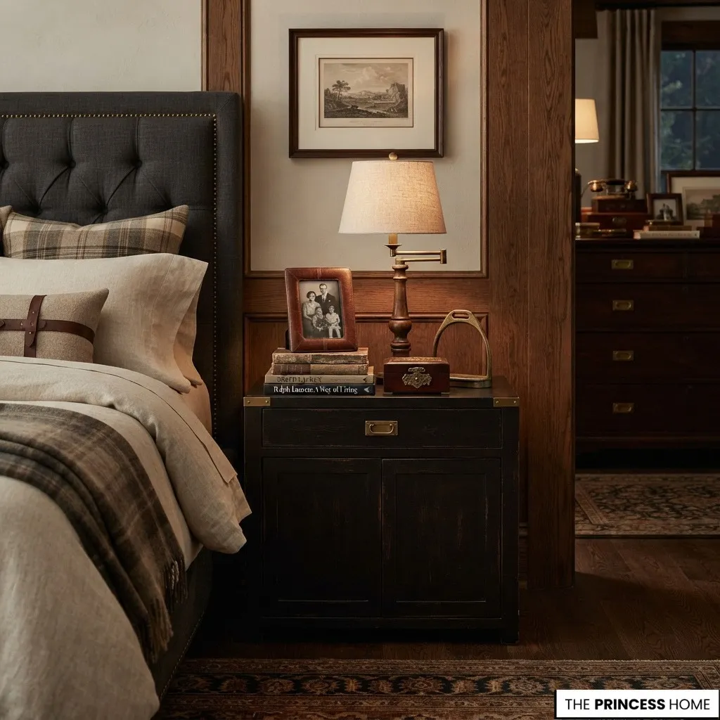 A collected bedroom displaying books, framed photographs, artwork, a vintage wooden box, and a few personal objects.