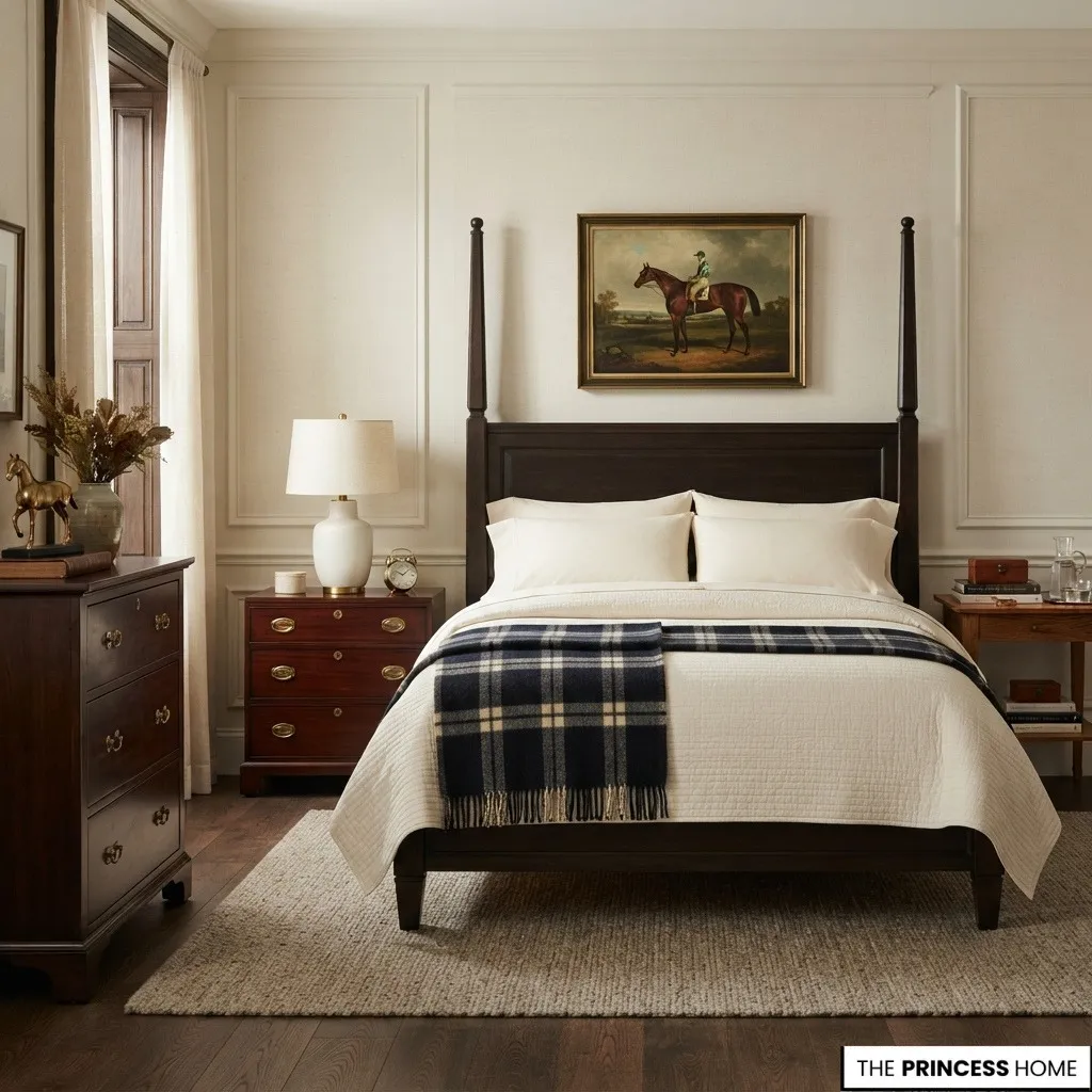 A restrained Ralph Lauren bedroom balancing classic furniture, quiet patterns, lighter textiles, and selective heritage details.