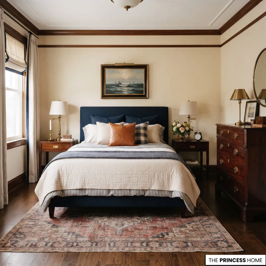 A restrained cream and navy bedroom palette balanced by brown wood and a small faded red accent.
