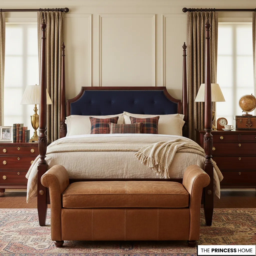 Ralph Lauren bedroom featuring a four-poster bed with a navy headboard, plaid pillows, and a tan leather bench.
