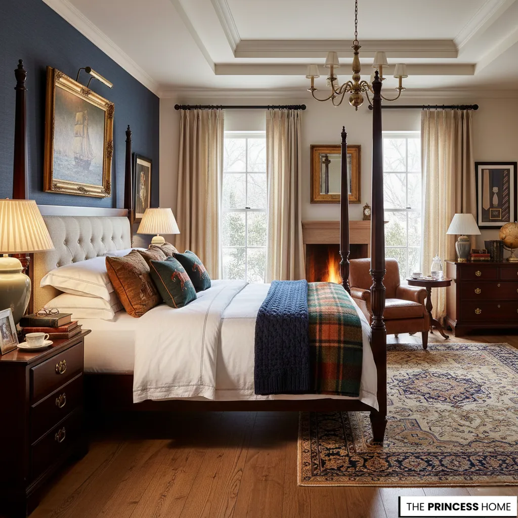 Ralph Lauren bedroom featuring a four-poster bed, navy accent wall, plaid blanket, and a cozy fireplace corner.